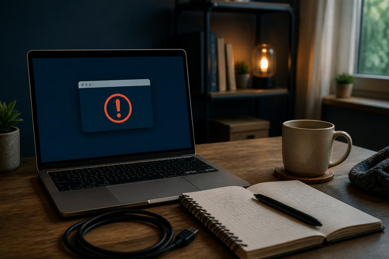 Portátil con un aviso abstracto en pantalla junto a un cuaderno, un cable y una taza.