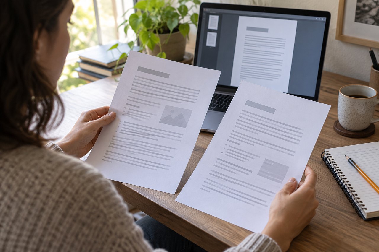 Una persona compara dos documentos impresos junto a la vista previa de un PDF en un portátil.