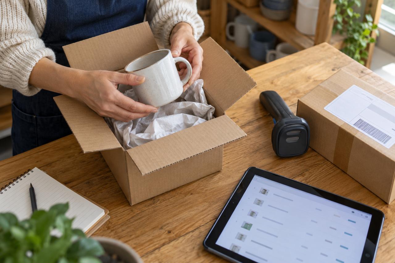 Una persona comprueba una taza junto a su caja de envío y una tableta con una lista de pedidos.
