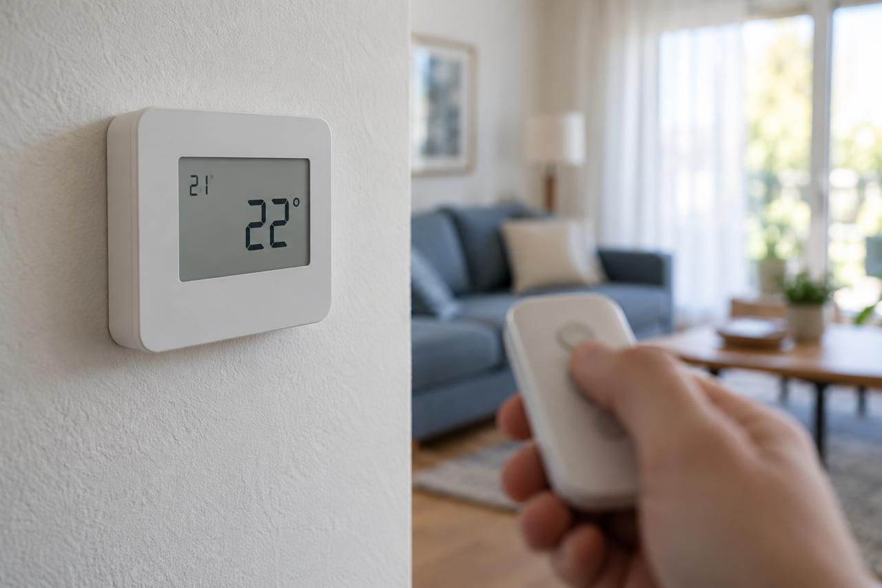 Termostato digital en una pared con dos valores de temperatura y un mando en primer plano.