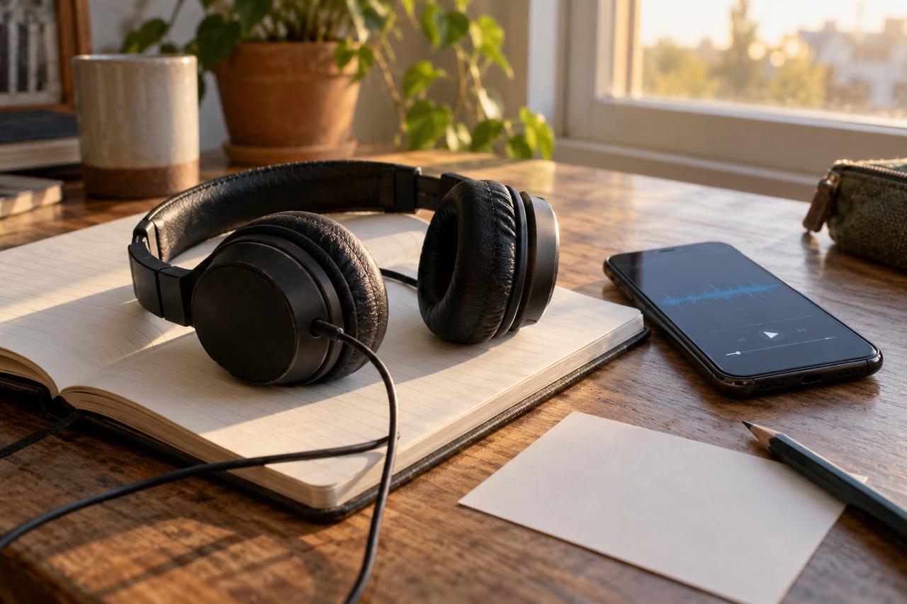 Auriculares sobre una libreta junto a un teléfono con una forma de onda de audio.