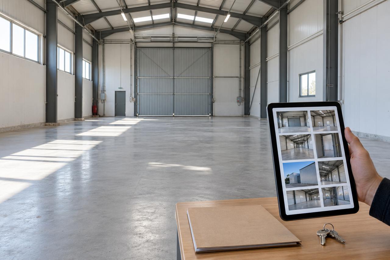 Una tableta con documentos y fotografías junto a unas llaves en el interior de una nave industrial.