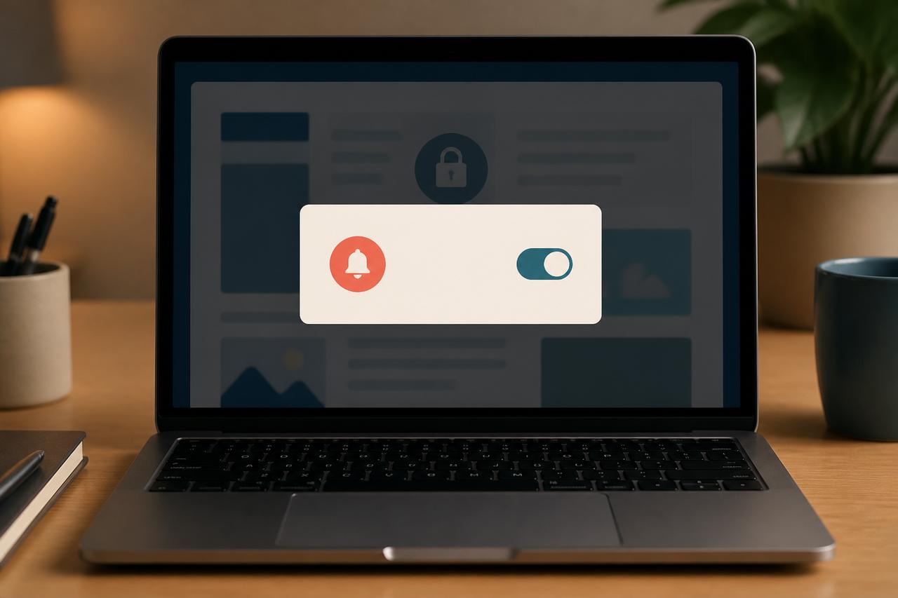 Portátil con un permiso de notificaciones delante de una página que continúa atenuada.