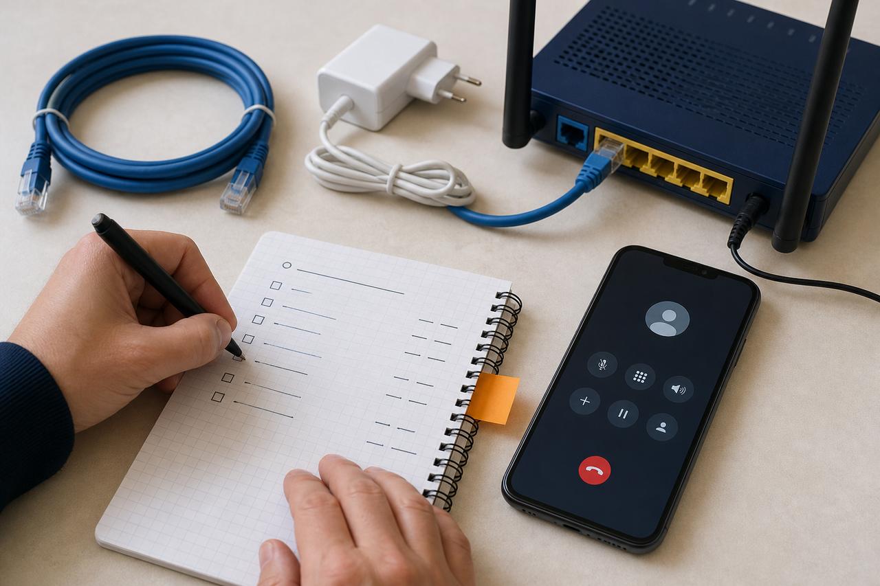 Persona completando una lista junto a un móvil en llamada, un router y varios cables de red.