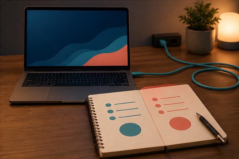 Portátil junto a un cuaderno con un antes y un después anotados antes de reiniciar.