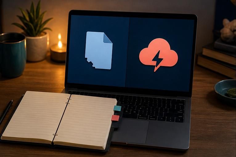 Portátil con dos avisos visuales distintos junto a un cuaderno abierto.